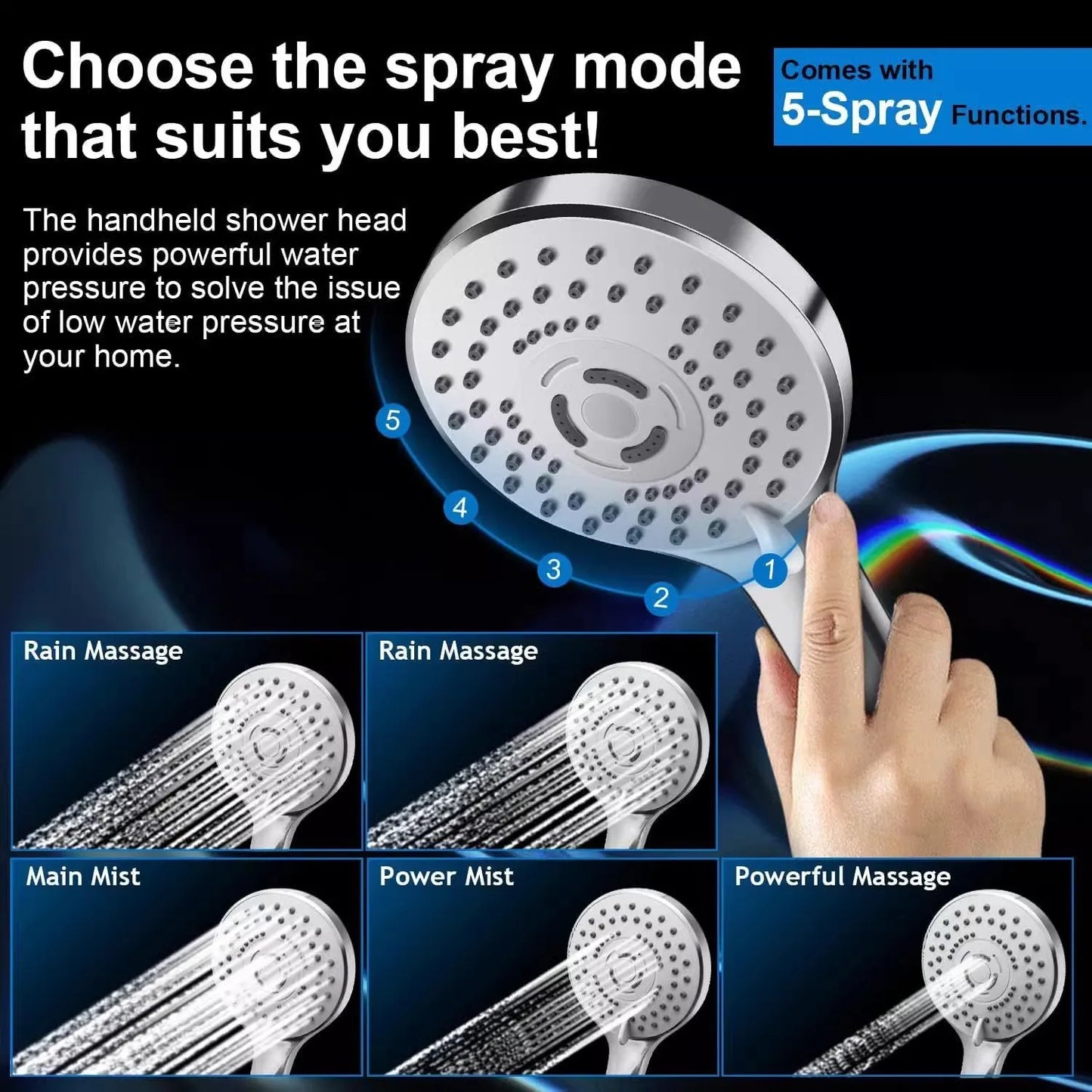 Stainless Steel 8/10 Inch Overhead Showerhead 5 Modes With Extension Arm Multi-function Hand Shower Wall Mounted Showerhead Set