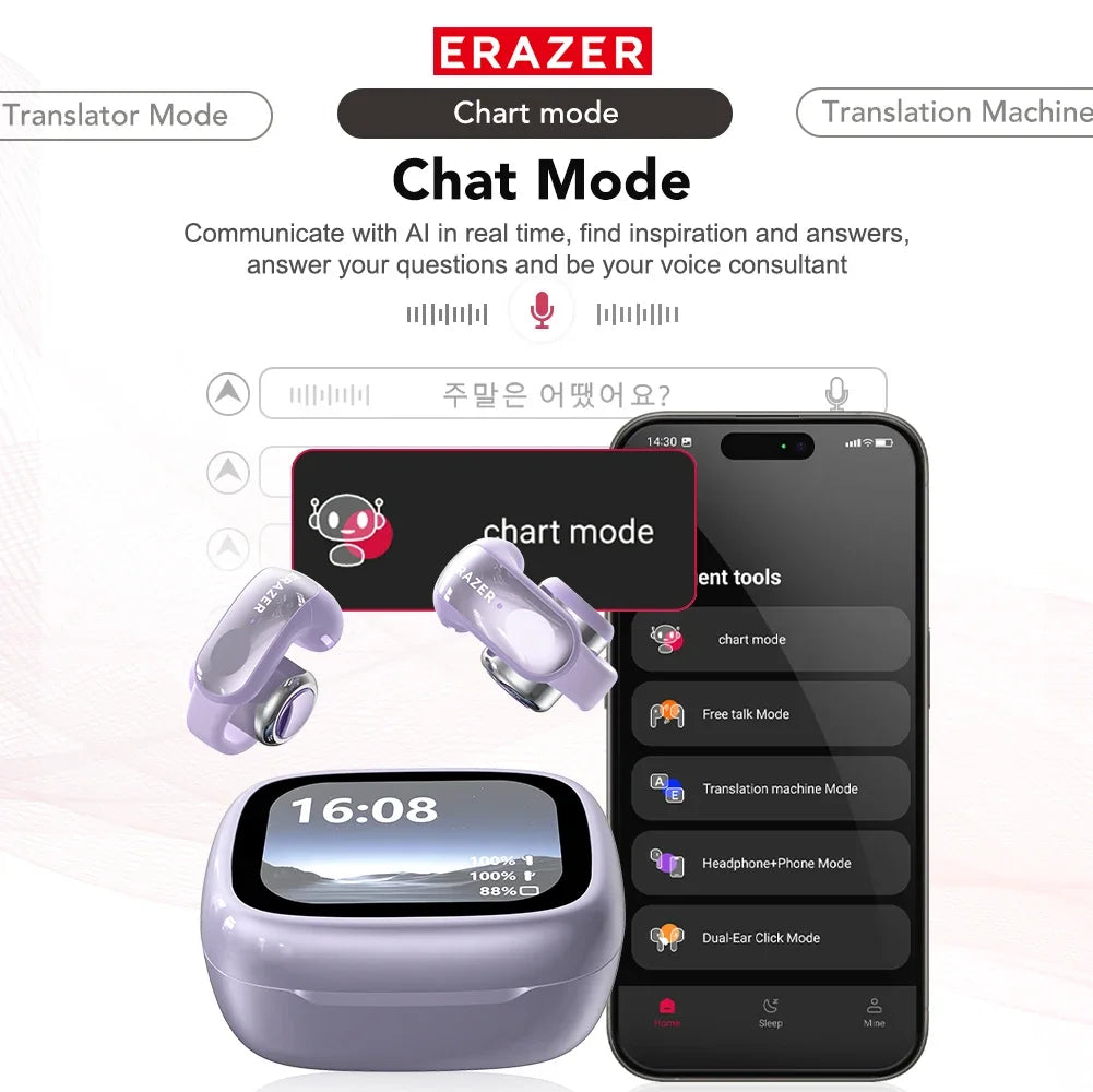 ERAZER XF28 Ear Clips AI Translator Earphones Bluetooth V6.0 Comfortable Stable Sports Wireless Headphones with LCD Display