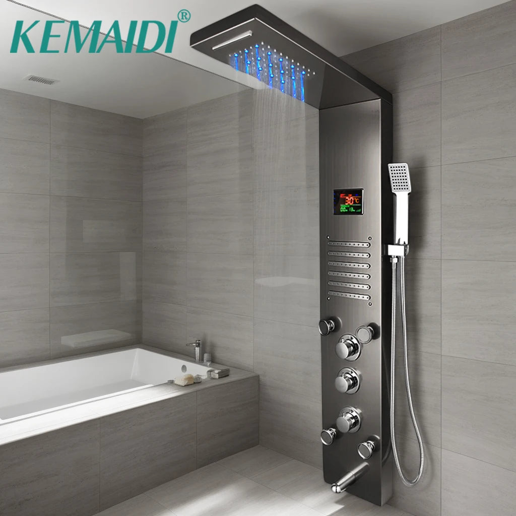 KEMAIDI 6-Function Shower Panel Set with LED Light Digital Display Modern Bathroom Shower System Wall Mounted Showert Column