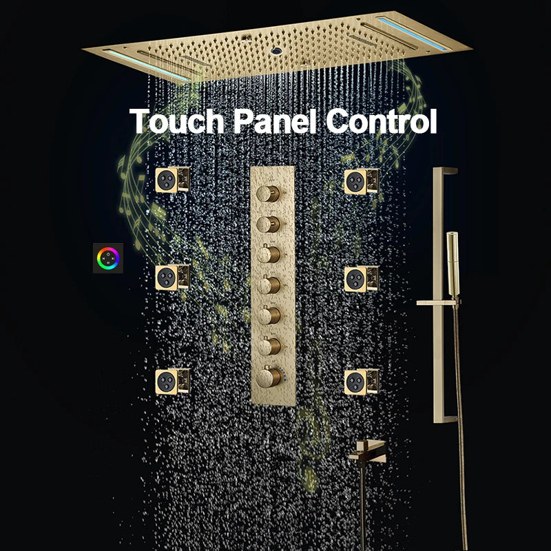 M Boenn 638*338mm Hotel Emotional Appeal Dual Shower Together Bathroom Faucet System Gold Thermostat Mixer Rainfall Shower Head