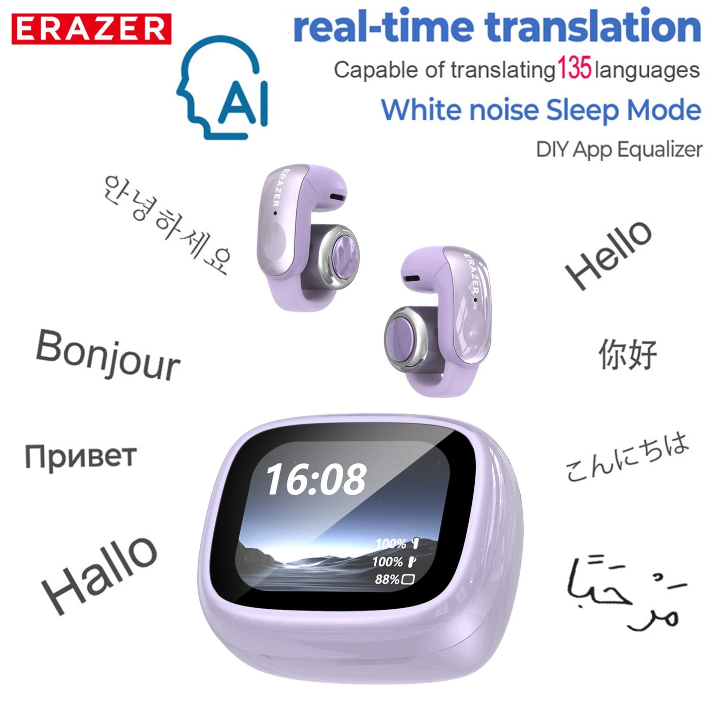 ERAZER XF28 Ear Clips AI Translator Earphones Bluetooth V6.0 Comfortable Stable Sports Wireless Headphones with LCD Display