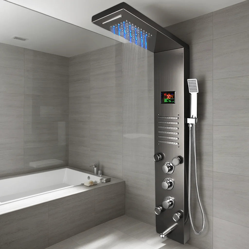 KEMAIDI 6-Function Shower Panel Set with LED Light Digital Display Modern Bathroom Shower System Wall Mounted Showert Column