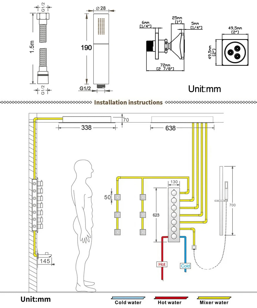 M Boenn 638*338mm Hotel Emotional Appeal Dual Shower Together Bathroom Faucet System Gold Thermostat Mixer Rainfall Shower Head