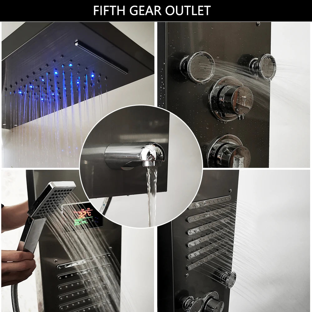 KEMAIDI 6-Function Shower Panel Set with LED Light Digital Display Modern Bathroom Shower System Wall Mounted Showert Column