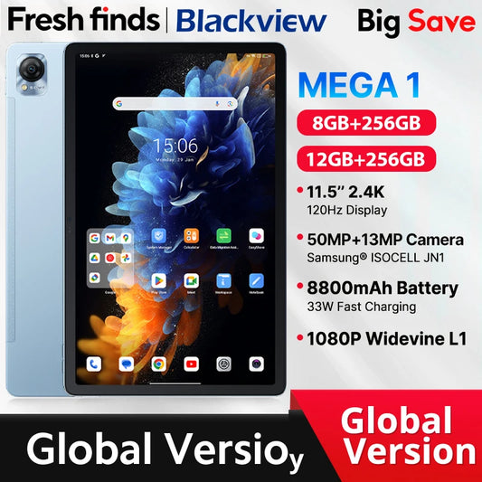 Blackview MEGA 1 tablets 11.5" 2.4K 120Hz Display 50MP Camera 12GB 256GB 8800mAh 33W Charging Widevine L1 Android Pad PC