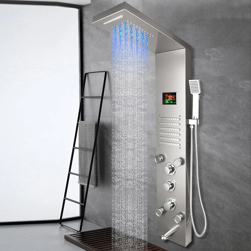 KEMAIDI 6-Function Shower Panel Set with LED Light Digital Display Modern Bathroom Shower System Wall Mounted Showert Column