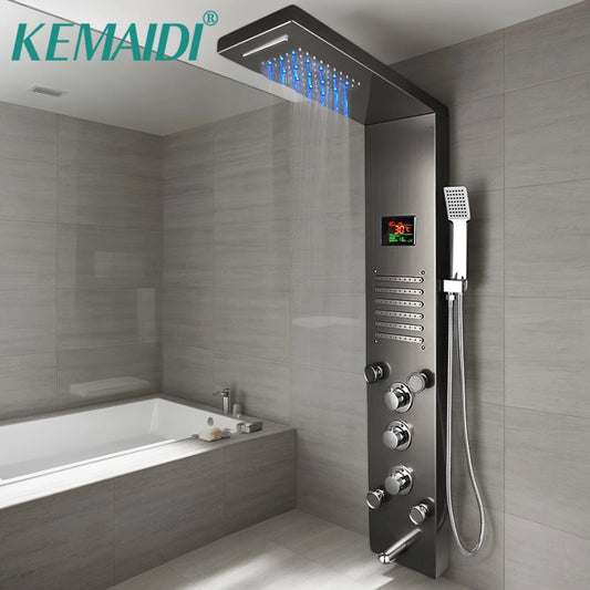 KEMAIDI 6-Function Shower Panel Set with LED Light Digital Display Modern Bathroom Shower System Wall Mounted Showert Column