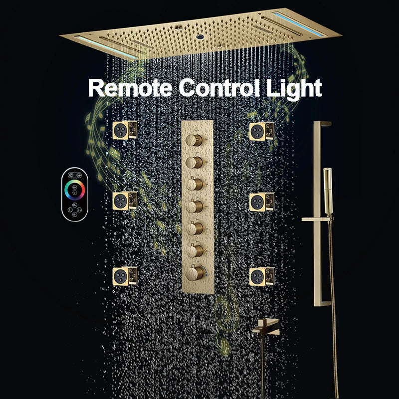 M Boenn 638*338mm Hotel Emotional Appeal Dual Shower Together Bathroom Faucet System Gold Thermostat Mixer Rainfall Shower Head