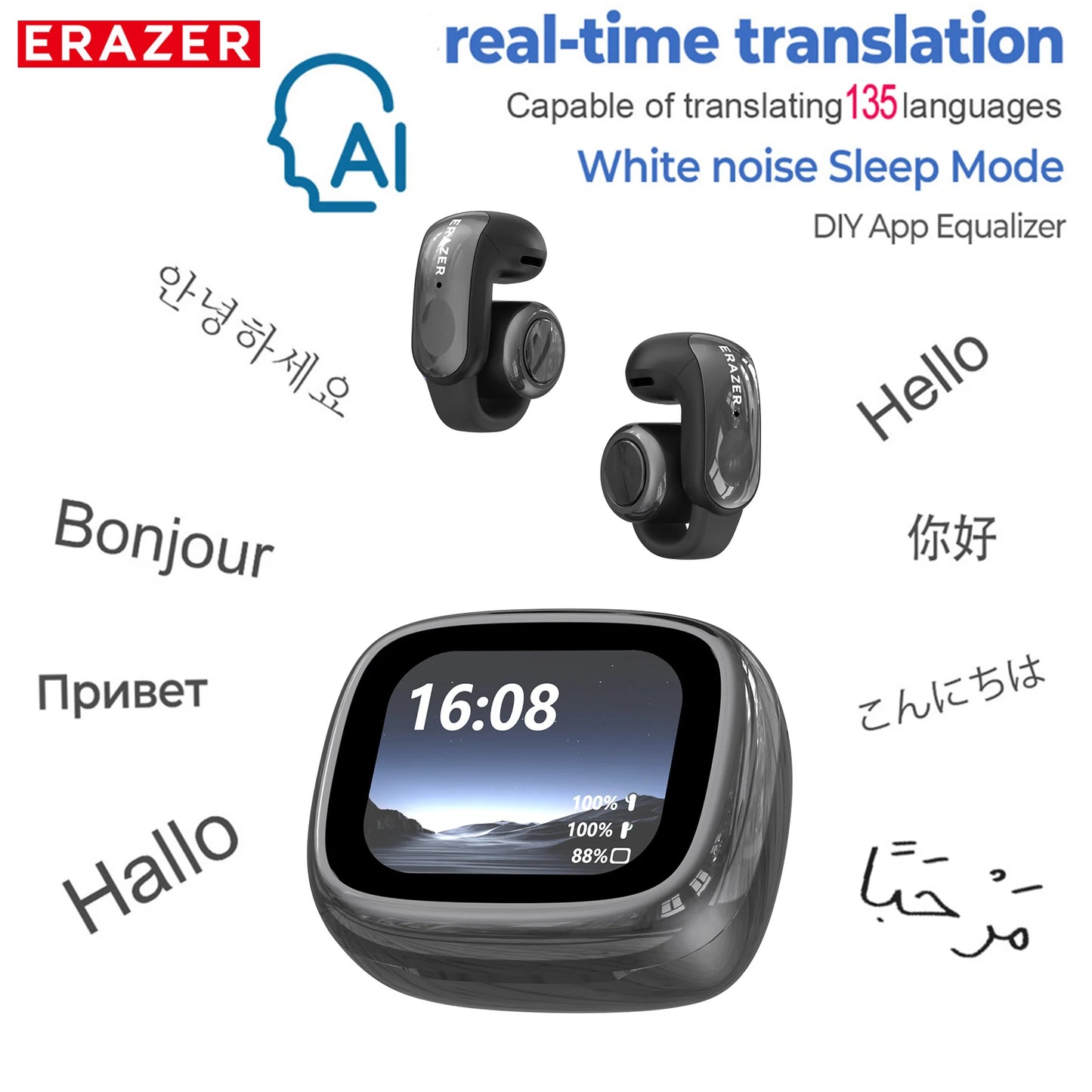 ERAZER XF28 Ear Clips AI Translator Earphones Bluetooth V6.0 Comfortable Stable Sports Wireless Headphones with LCD Display