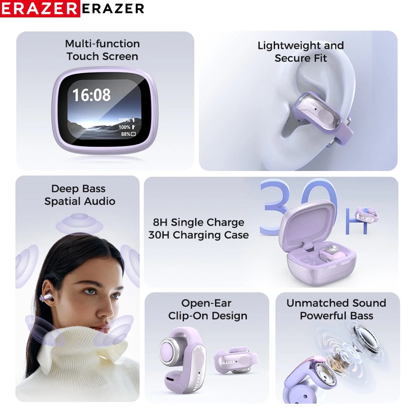 ERAZER XF28 Ear Clips AI Translator Earphones Bluetooth V6.0 Comfortable Stable Sports Wireless Headphones with LCD Display