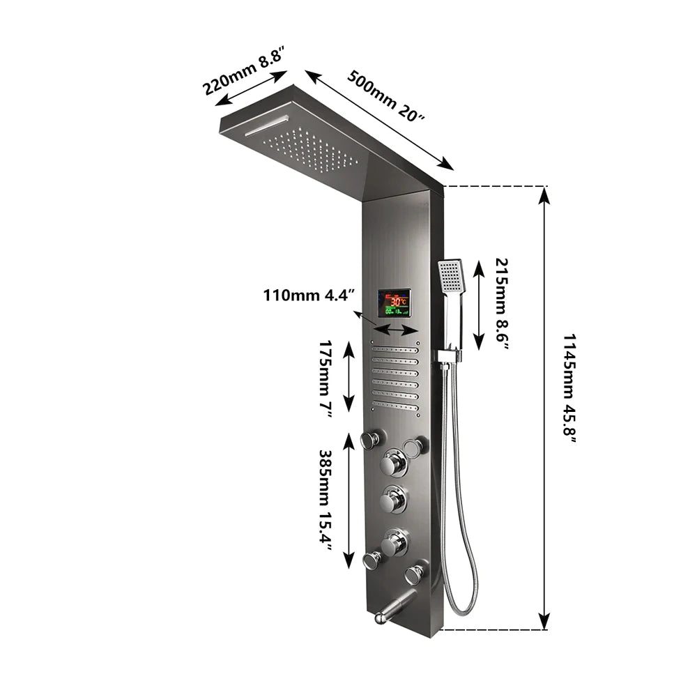 KEMAIDI 6-Function Shower Panel Set with LED Light Digital Display Modern Bathroom Shower System Wall Mounted Showert Column