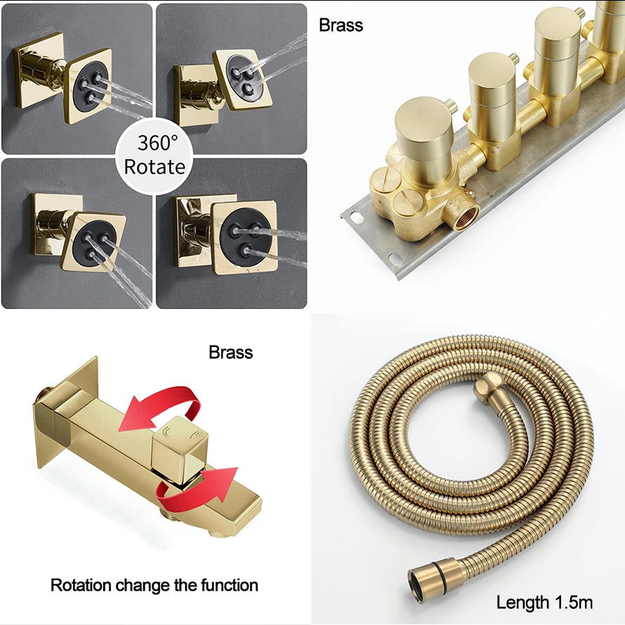 M Boenn 638*338mm Hotel Emotional Appeal Dual Shower Together Bathroom Faucet System Gold Thermostat Mixer Rainfall Shower Head