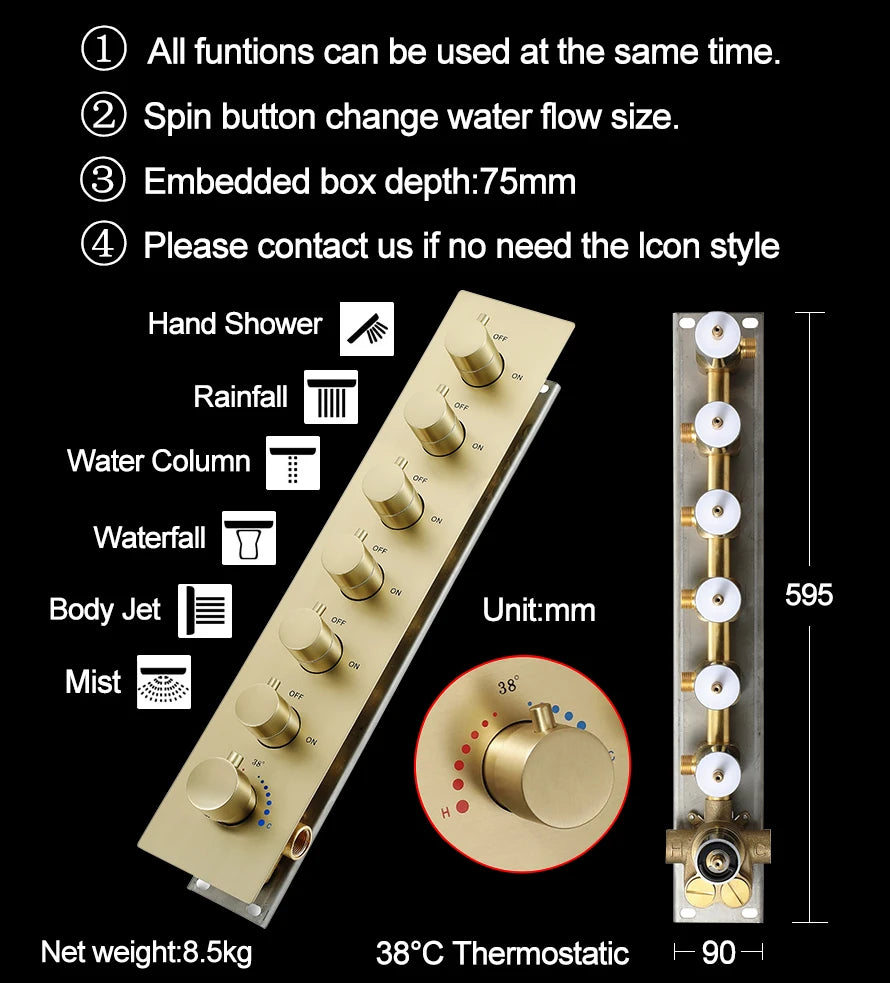 M Boenn 638*338mm Hotel Emotional Appeal Dual Shower Together Bathroom Faucet System Gold Thermostat Mixer Rainfall Shower Head