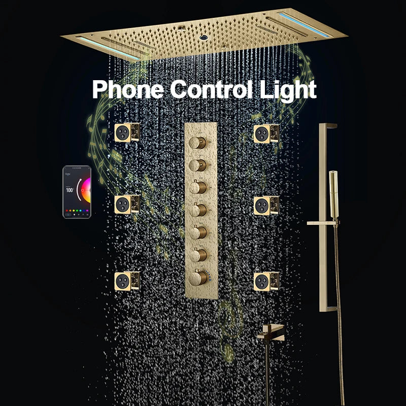 M Boenn 638*338mm Hotel Emotional Appeal Dual Shower Together Bathroom Faucet System Gold Thermostat Mixer Rainfall Shower Head