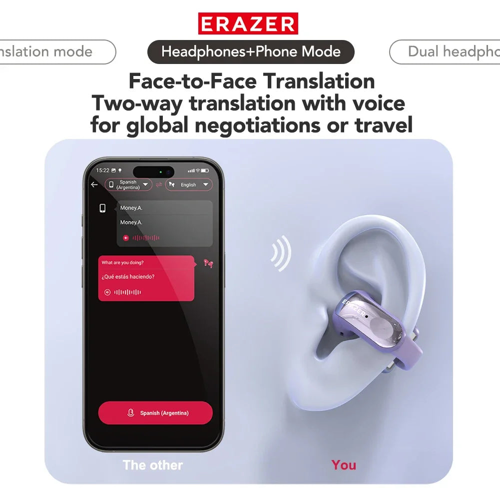 ERAZER XF28 Ear Clips AI Translator Earphones Bluetooth V6.0 Comfortable Stable Sports Wireless Headphones with LCD Display