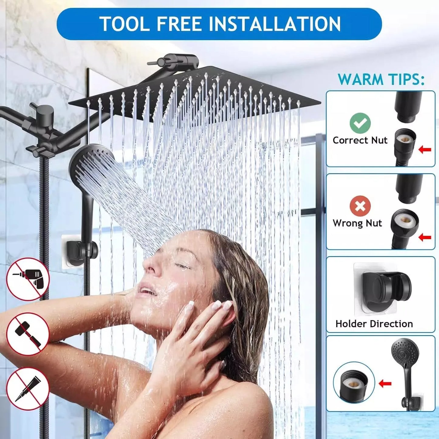 Stainless Steel 8/10 Inch Overhead Showerhead 5 Modes With Extension Arm Multi-function Hand Shower Wall Mounted Showerhead Set