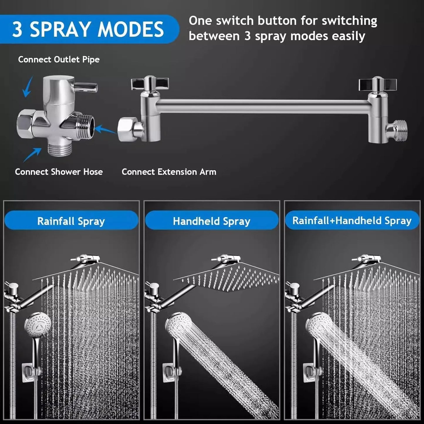 Stainless Steel 8/10 Inch Overhead Showerhead 5 Modes With Extension Arm Multi-function Hand Shower Wall Mounted Showerhead Set