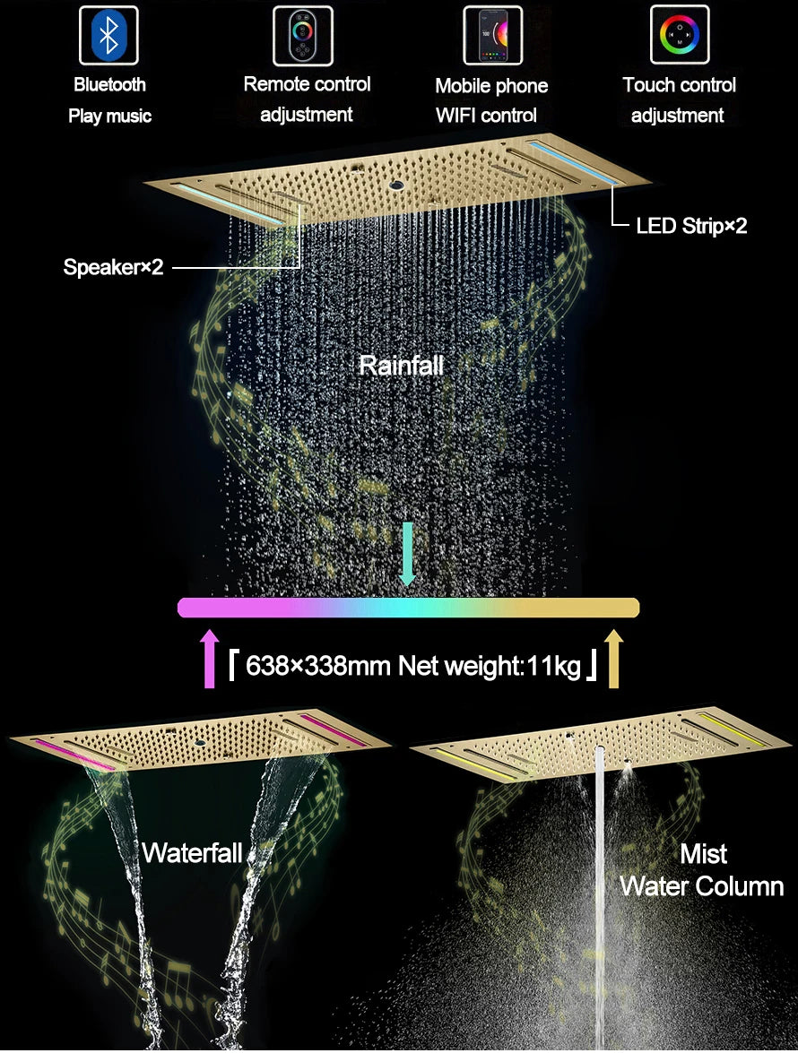 M Boenn 638*338mm Hotel Emotional Appeal Dual Shower Together Bathroom Faucet System Gold Thermostat Mixer Rainfall Shower Head