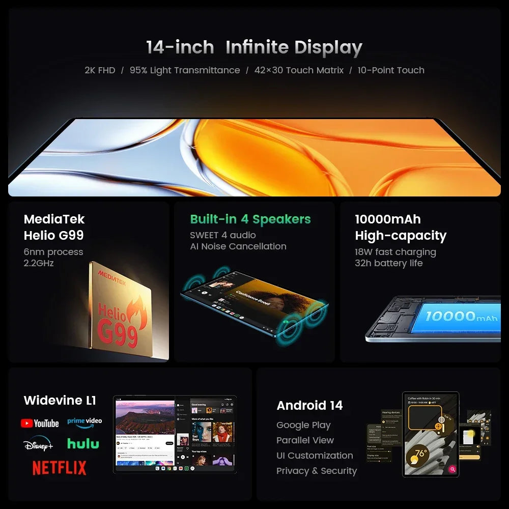 【World Premiere】Teclast T70 Tablet 14" FHD Display Android 14 MTK Helio G99 8GB/256GB 10000mAh Battery 18W 4G LTE Global Versi